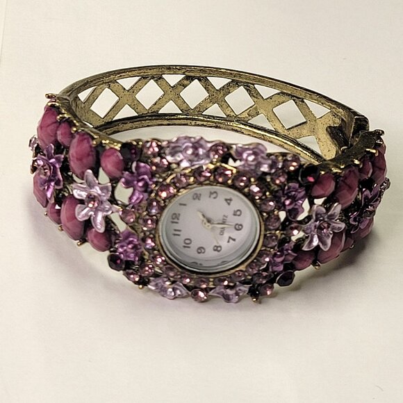 Purple Rhinestone Watch Cuff Band Round Face Ornate Fashion Watch - NEW ! - Picture 3 of 16